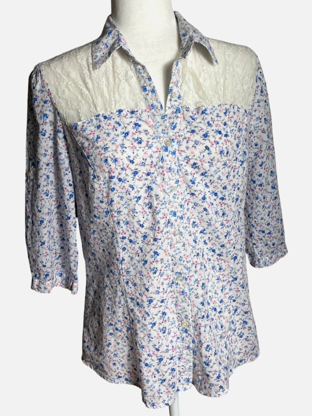 Western Shirt Blue Pink Ditsy Floral Lace Cowgirl Cottage Concert Casual Women L
